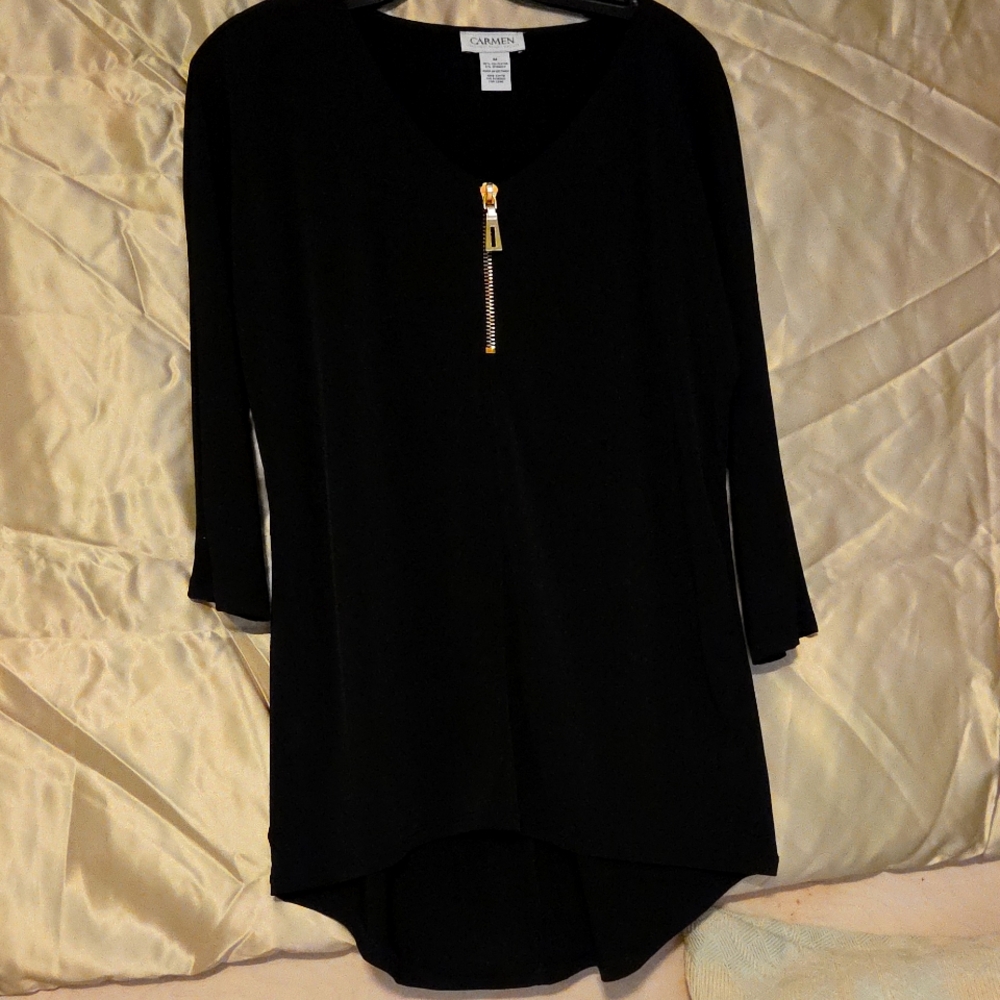 Carmen solid black Tunic Blouse.Bold gold tone decorative neck zipper.